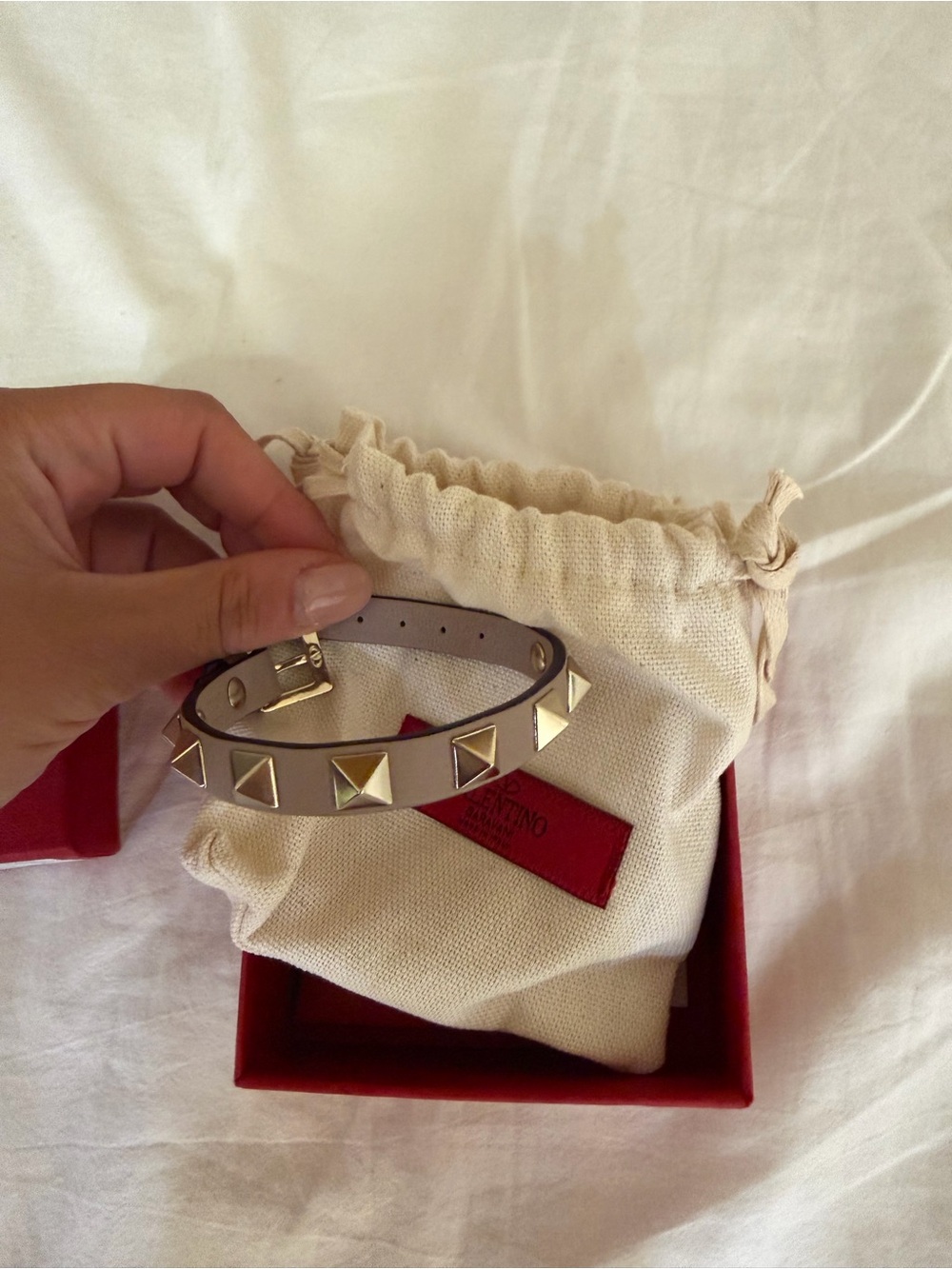 Valentino Beige Leather Rockstud Bracelet with Gold Studs